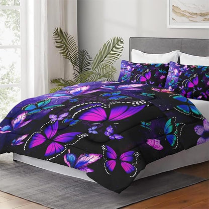 Twin Size Comforter Set with Pillowcase, Summer Tropical Purple Butterfly 2 Pcs Bedding for Kids and Adults, Vintage Spring Galaxy Space Soft Comforter Set for Bedroom Bed Decor