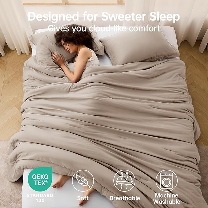 MUXHOMO Full Comforter Sets, All Season Ultra Soft Down Alternative Bedding - 3 Piece Lightweight Bed Set Includes 1 Comforter (82"x86") and 2 Pillow Shams (20"x26"), Dark Linen