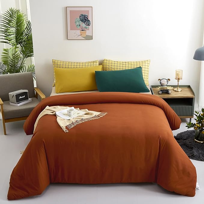 Luxlovery Rust Comforter Set King Burnt Orange Bedding Comforter Set Caramel Bedding Set Solid Color Rust Orange Bedding Set Queen Bed Cozy Soft Breathable Red Bronze Bedding Comforter for Women Men