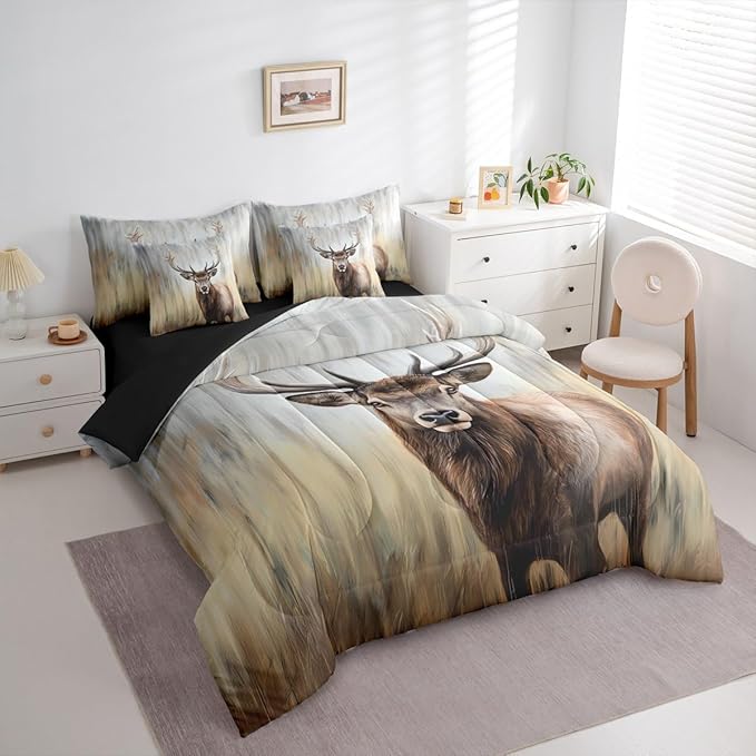 Erosebridal Cute Deer 7 Pieces Bedding Set Queen Size | Hunting Deer Comforter Set with Sheets for Kids Boys Girls Rustic Cabin Bed in A Bag with Flat Fitted Sheets Antler Moose Wild Animal Bed Sets