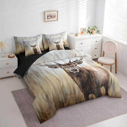 Erosebridal Cute Deer 7 Pieces Bedding Set Queen Size | Hunting Deer Comforter Set with Sheets for Kids Boys Girls Rustic Cabin Bed in A Bag with Flat Fitted Sheets Antler Moose Wild Animal Bed Sets