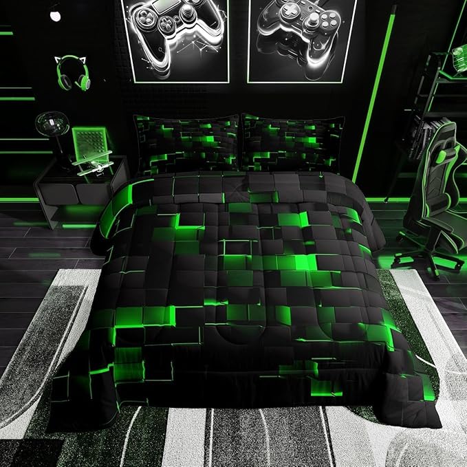 Erosebridal Black Green Comforter Set King Neon Geometric Checkered Bedding Set for Kids Boys Gaming Room Decor,Teen Men Abstract Stereoscopic Grids Quilt Square Plaid Check Bed Set 3 Pcs