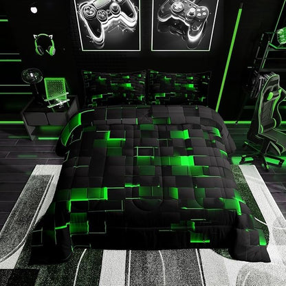 Erosebridal Black Green Comforter Set Twin Neon Geometric Checkered Bedding Set for Kids Boys Gaming Room Decor,Teen Men Abstract Stereoscopic Grids Quilt Square Plaid Check Bed Set 2 Pcs