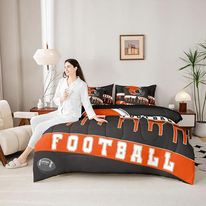Erosebridal Football City 7 Pcs Comforter Set King Football Bedding for Young Grey Orange Rugby Game Sheet Set Bed in A Bag Football Fans Room Decor Sports Ball Competition Quilt
