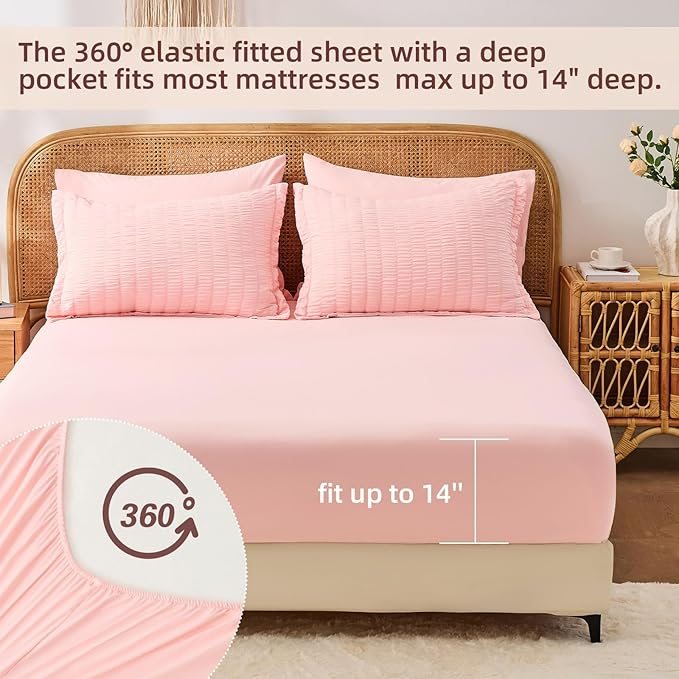 FUANNA Pink Queen Comforter Set 7 Pieces, Luxury Seersucker Queen Bed Set for All Seasons, Soft Bed in a Bag Queen Size with Comforter, Flat Sheet, Fitted Sheet, Pillowcases & Shams for Room Decor