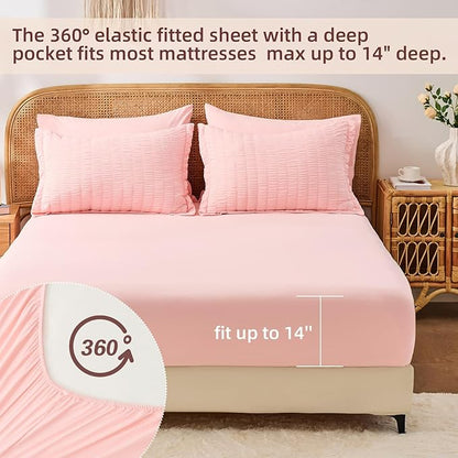 FUANNA Pink Twin Comforter Set 5 Pieces, Luxury Seersucker Twin Bed Set for All Seasons, Soft Twin Bed in a Bag with Comforter, Flat Sheet, Fitted Sheet, Pillowcase & Sham for Bedroom