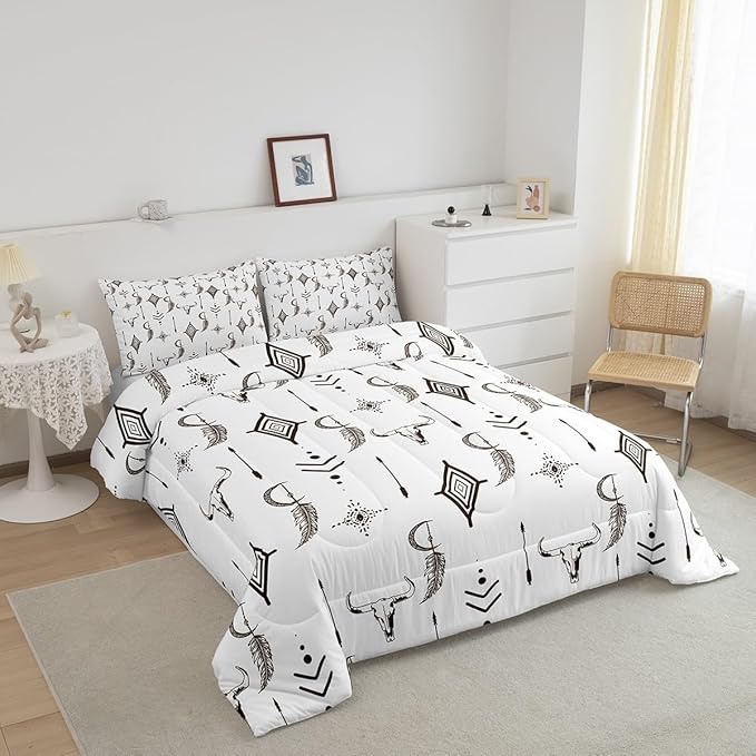 Feelyou Western Bull Skull Comforter Set Ethnic Horns Boho Bedding Set Twin Size for Kids Adult Brown White Tribal Symbol Mysterious Aztec Comforter