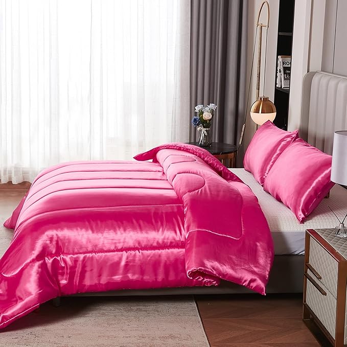 Satin King Comforter Sets Silk Like Hot Pink Comforter Alternative Down Comforter Soft Polyester Filling Luxury Silky Bedding Comforter Set 1 Comforter 2 Pillowcases (King, Hot Pink)