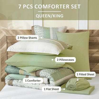 DJY Boho Comforter Set Queen Size,Sage Green Striped Bedding Sets,7 Pieces Bed in a Bag Patchwork Soft Microfiber Bedding Set for All Season(90"×90")
