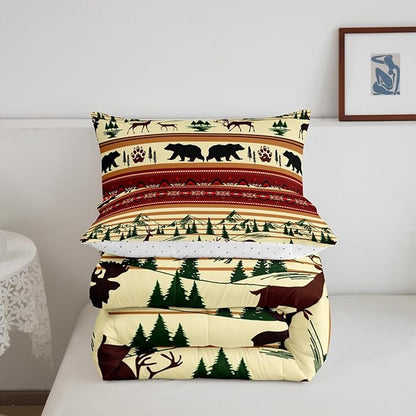 Feelyou Bohemian Deer Bedding Sets Queen Bear Wildlife Hunting Theme Comforter Cabin Decor Boho Western Duvet Insert for Adult Women Men Retro Boho Wildlife Down Comforter Geometric Quilt 3Pcs