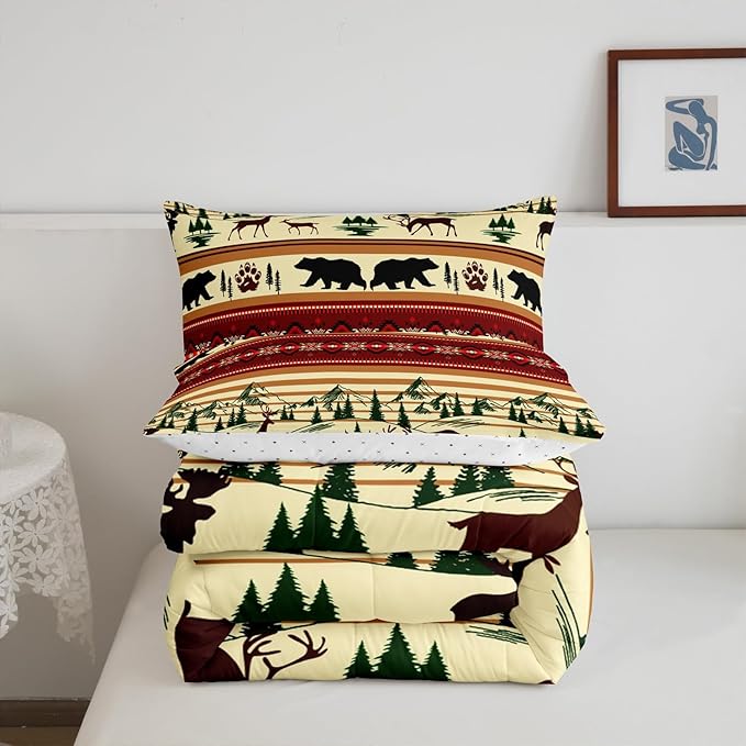 Feelyou Bohemian Deer Bedding Sets Toddler Bear Wildlife Hunting Theme Comforter Cabin Decor Boho Western Duvet Insert for Adult Women Men Retro Boho Wildlife Down Comforter Geometric Quilt 2Pcs