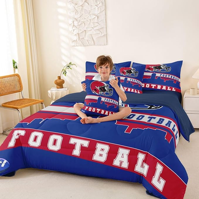 Erosebridal Football City 7 Pcs Comforter Set Full Football Bedding for Boys Girls Blue Red Rugby Game Sheet Set Bed in A Bag Football Fans Room Decor Sports Ball Team Bed Set