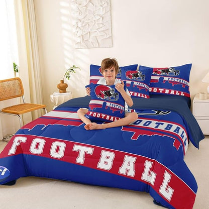 Erosebridal Football City 7 Pcs Comforter Set Full Football Bedding for Boys Girls Blue Red Rugby Game Sheet Set Bed in A Bag Football Fans Room Decor Sports Ball Team Bed Set