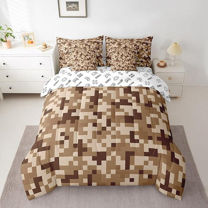 Brown Grid 7Pcs Comforter Set Queen Size for Kids Boys,Sandbox Pixelated Themed Fitted Flat Sheet Teens Men Gamer Room Decor,Miner Style Checked Bedding Set Desert Style 2 Throw Pillow,2 Pillowcases