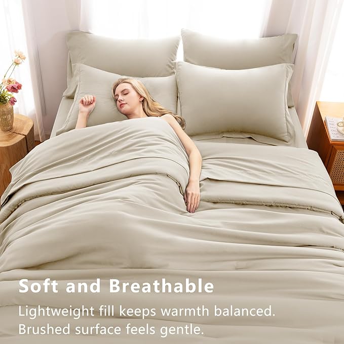 CozyLux Full Comforter Set Oatmeal, 7 Pieces Bed in a Bag Soft Bedding Comforter Set with Sheets, All Season Boho 7PC Bed Sets with Comforter, Fitted Sheets, Flat Sheets, Pillow Shams and Pillowcases