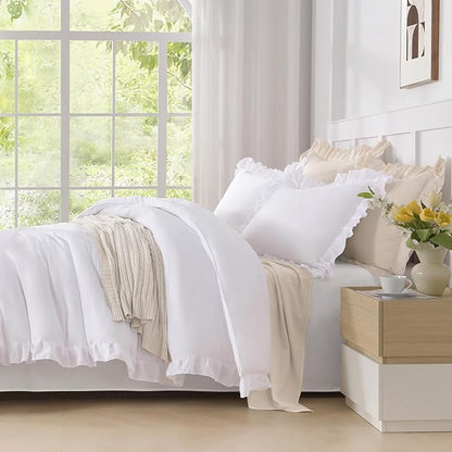 Andency Oversized King Comforter Set 128x120, 3 Pieces White Ruffle Shabby Chic Famhouse Bedding Set for Women, Lightweight Fluffy Super King Plus Bed Set for Girls