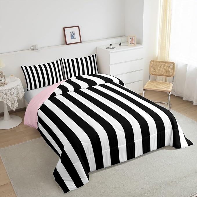 Erosebridal Black and White Striped Full Comforter Set (Pink Reversible) | Striped Bedding Set Pink and Black Comforter Sets for Kids Teens Adults Cute Pinstripe Girls Bed Quilt Sets