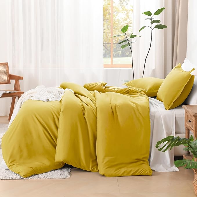Litanika Mustard Yellow Comforter Set Full Size, 3 Pieces Lightweight Solid Bedding Comforter Set, All Season Fluffy Bed Set (79x90In Comforter & 2 Pillowcases)