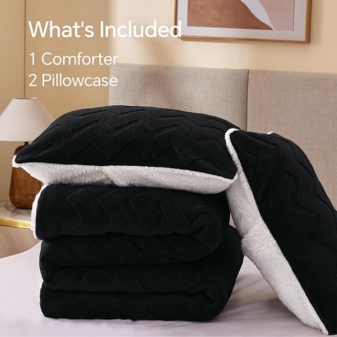 BEDELITE Fluffy Full Size Comforter Set - Super Soft Sherpa Black Comforter for Full Size Bed, Luxury Warm Bedding Set for Winter, Fuzzy Bed Set 3 Pieces (1 Comforter, 2 Pillowcases)