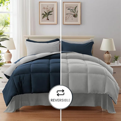 Anluoer Full Size Bed in a Bag 7 Pieces, Navy and Grey Bed Comforter Set with Sheets, All Season Bedding Sets with 1 Comforter,2 Pillow Shams,2 Pillowcases, 1 Flat Sheet,1 Fitted Sheet