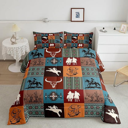 Southwestern Cowboy Bedding Sets Twin Size,Boho Aztec Tribal Cactus Print Comforter Set for Kids Girls Boys Adult Room Decor,Vintage Colorful Geometric Check Print Quilt Set,1 Pillowcase