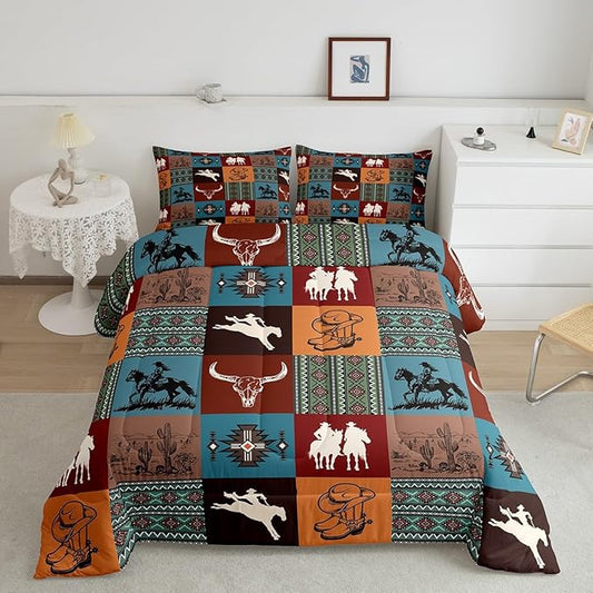 Southwestern Cowboy Comforter Set King Size,Boho Aztec Tribal Cactus Print Bedding Sets for Kids Girls Boys Adult Room Decor,Vintage Colorful Geometric Check Print Quilt Set,2 Pillowcases