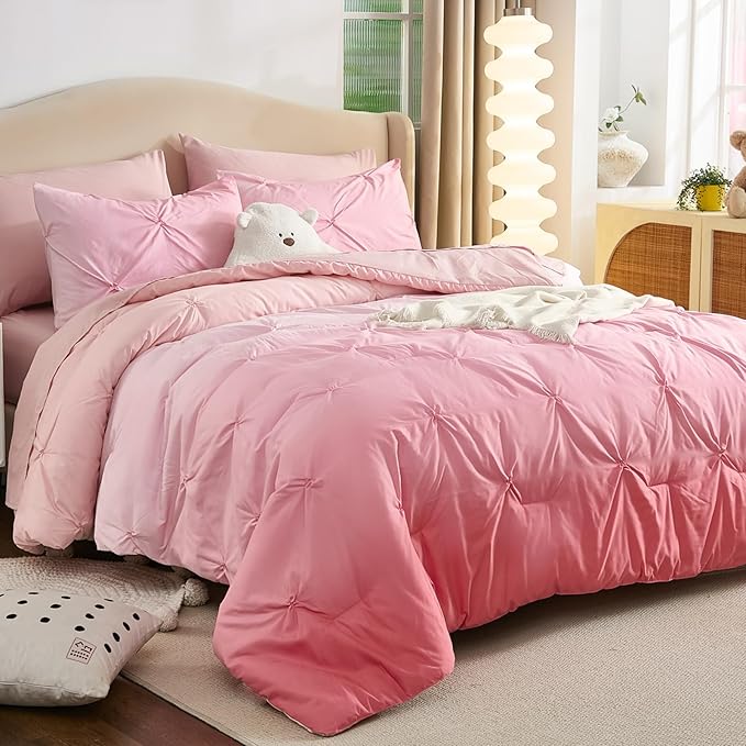 Dinjoy Ombre Comforter Set Full Size, 7-Piece Bed in a Bag for Kid Teen, Pintuck Colorful Rainbow Bedding Sets with Comforter, Flat Sheet, Fitted Sheet and Pillowcases & Shams, Pink