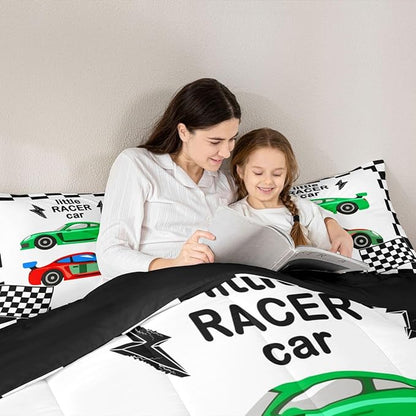 jejeloiu Boys Cartoon Racer Car Bedding Set Twin Size Black White Checkerboard Comforter Set for Kids Green Red Duvet Set Cute Car Quilt Set 2Pcs