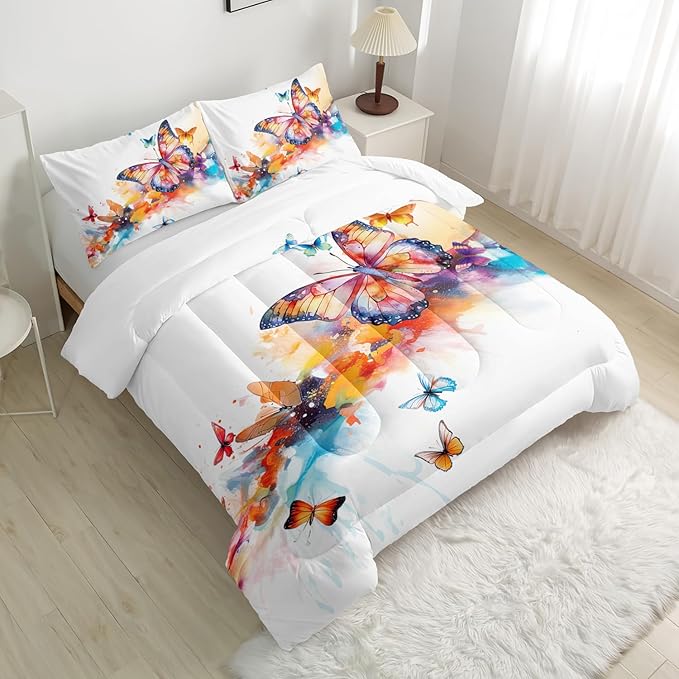 Colorful Butterfly Comforter Sets Full Size，Bedding Sets for Kids，Watercolor Butterfly Comforter Sets All Season 1 Comforter and 2 Pillowcases