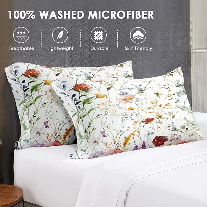 Twin Size Comforter Set with Pillowcase, Wildflower Flower Floral 2 Pcs Bedding for Kids and Adults, Boho Watercolor Butterfly Soft Comforter Set for Bedroom Bed Decor