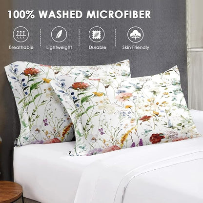 Queen Size Comforter Set with 2 Pillowcases, Wildflower Flower Floral 3 Pcs Bedding for Kids and Adults, Boho Watercolor Butterfly Soft Comforter Set for Bedroom Bed Decor