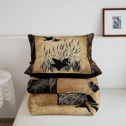 Erosebridal Camo Mallard Duck Bedding Set Rustic Cabin Comforter Set Toddler for Boys Adults Men,Woodland Camouflage Hunting Duck Quilt Comforter Country Farmhouse Retro Bed Set Room Decor 2 Pcs