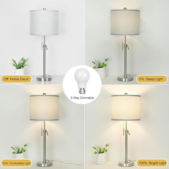 Table Lamps for Bedrooms Set of 2, 22" to 30" Height Adjustable Nightstand Lamps with Linen Shade, Pull Chain Switch Lamps for Living Room, 3 Way Dimmable Beside Lamp