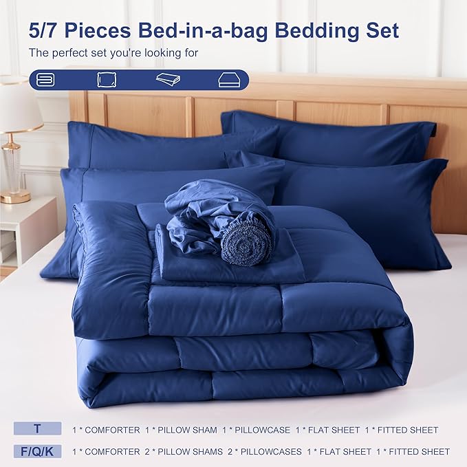 Newspin Twin Comforter Set Blue - Bed in a Bag Twin Size 5 Pieces, All Season Bed Set, Fluffy Comforter Set with Sheets, Sheet Set Quilt Blanket, Pillowcases & Shams
