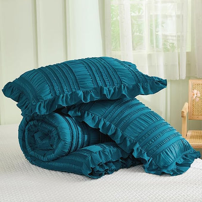 WONGS BEDDING Teal Comforter Set King,3 Pieces Ruffle Farmhouse Shabby Chic Comforter for King Bed,Soft Textured Boho Bedding Set with 1 Ruffle Comforter,2 Tufted Pillowcases 104"×90"