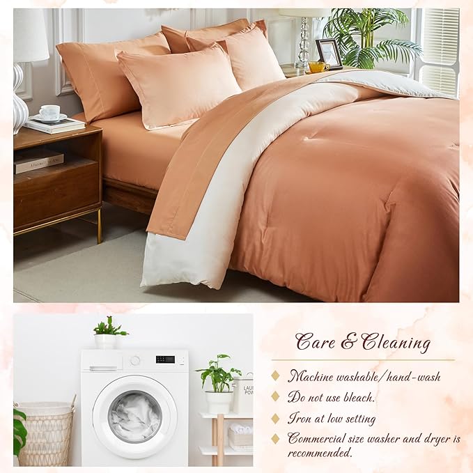 Burnt Orange and Pumpkin Gradient Comforter Set King Size 7 Pieces Elegant Ombre Bed in a Bag - Reversible Bedding Set with Comforter, Flat Sheet, Fitted Sheet, 2 Pillowcases & 2 Pillow Shams
