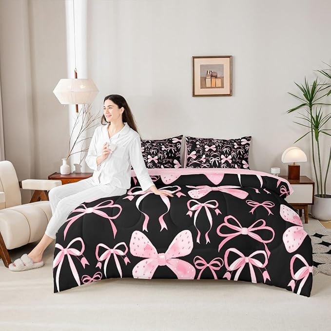 Feelyou Black Pink Bow Full Comforter Set with Sheets for Kids Boys Girls Cute Bowknot 7 Pieces Bedding Set Kawaii Bed in a Bag Pricess Style Room Decor Soft Lightweight Microfiber