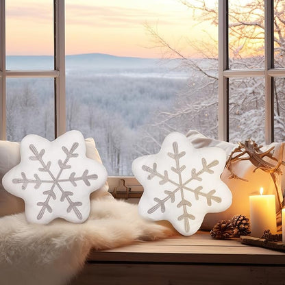 Soaoo 2 Pcs Snowflake Pillow Winter Throw Pillows Decorative Sherpa White Snowflake Shaped Cushion for Winter Home Decor Couch Sofa Bedroom Decoration(Gray)
