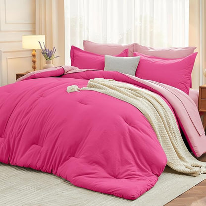 MUXHOMO 7 Pieces Full Comforter Set, Soft Bed in a Bag Full Size, All Season Bedding Set with Comforter, Flat Sheet, Fitted Sheet, Pillowcases & Shams, Hot Pink & Baby Pink