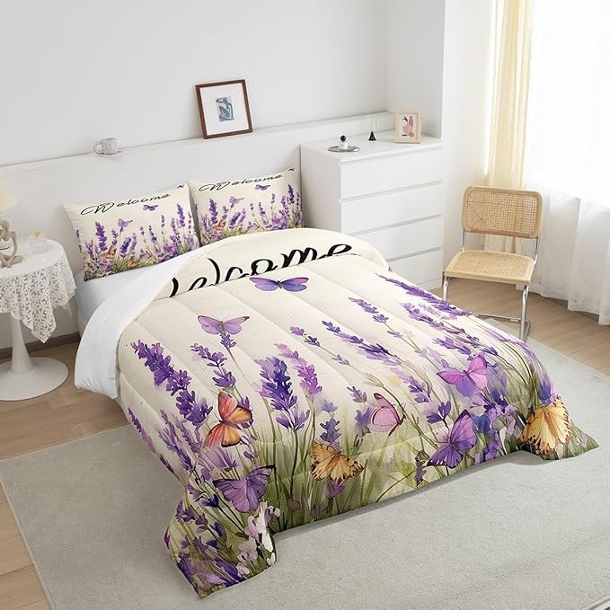 Erosebridal Purple Lavender Bedding Set Queen Spring Watercolor Flowers Butterfly Comforter Set for Kids Girls Women Aesthetics Garden Style Floral Down Comforter Rustic Farmhouse Quilt Duvet