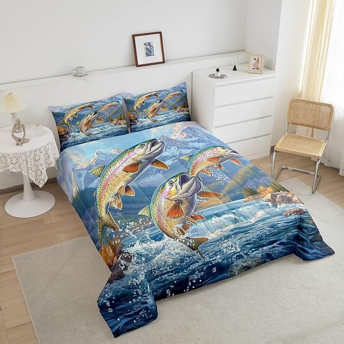 Erosebridal Fishing Theme King Bedding Set,Big Pike Bass Fish Comforter Set for Kids Boys Men,Rustic Mountain Comforter,Lake House Country Bedroom Room Decor,2 Pillowcases Lightweight