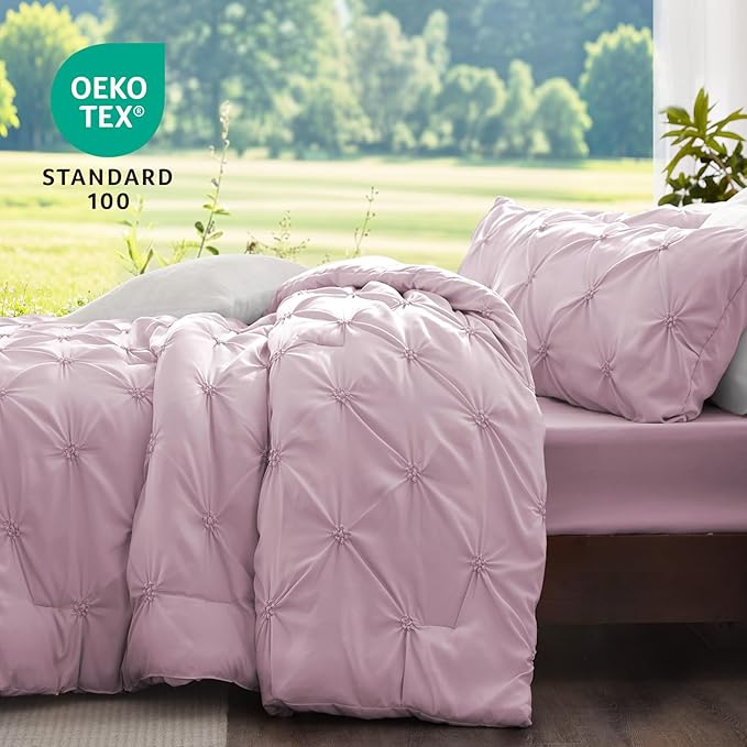 BEDELITE Light Purple Queen Comforter Set - 3 Pieces Boho Pintuck Bedding Comforter Sets, Lightweight Soft & Warm Bed Comforter Queen with 2 Pillowcases for All Season