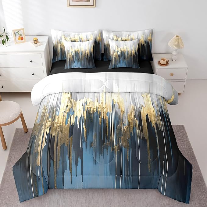 Navy Blue Bedding Queen Size 7-Piece Gradient Brush Marks Comforter Set, Watercolor Stripe Aesthetic Bedding Comforter Sets Greyish White Ombre Bed in a Bag, Vintage Contemporary Bedding Accessories
