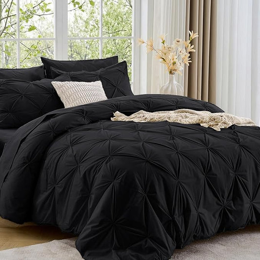 Sasttie King Size Comforter Set, 7-Piece Bed in a Bag, Pintuck Bedding Set for All Season, Includes Comforter, Flat Sheet, Fitted Sheet, Pillowcases and Pillowshams, Black