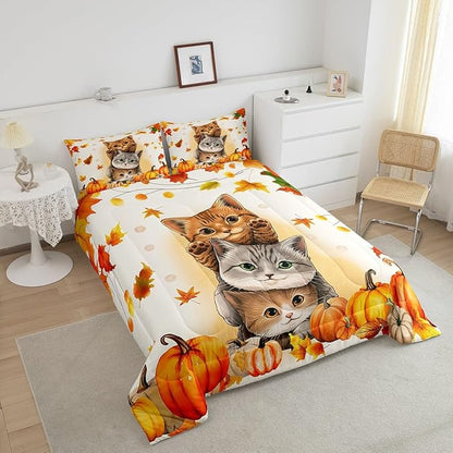 Erosebridal Kids Cute Cats Comforter King Fall Pumpkin Maple Leaf Bedding Sets for Girls Boys,Autumn Thanksgiving Decor Comforter Set for Bedroom,Happy Fall Decorations for Home with 2 Pillow Cases