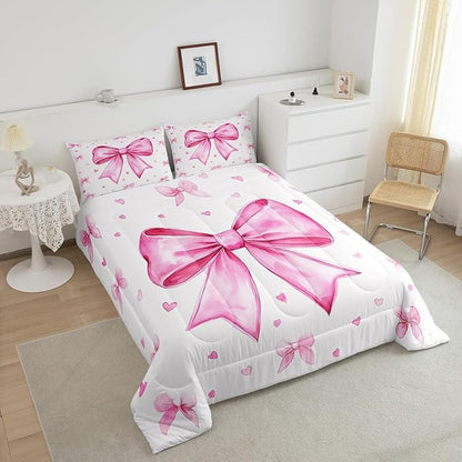 Erosebridal Girly Pink White Comforter Set King,Cute Bow Girls Bedding Set Dreamy Princess Bedding Comforter Sets for Kids Teen Women,Kawaii Bowknots Bow Tie Quilt Duvet 2 Pillow Cases