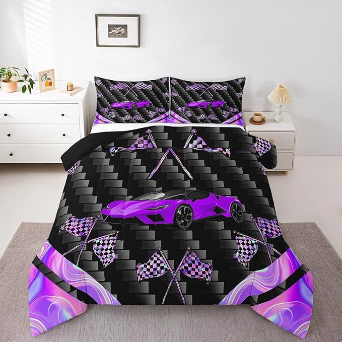 jejeloiu Purple Race Car Bedding Set King Size Extreme Sports Comforter Set for Kids Teens Adult Fast and Furious Duvet Set Dazzling Flag Quilt Set 3Pcs