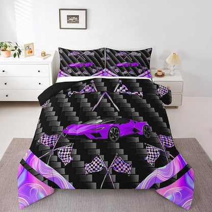 jejeloiu Purple Race Car Bedding Set King Size Extreme Sports Comforter Set for Kids Teens Adult Fast and Furious Duvet Set Dazzling Flag Quilt Set 3Pcs