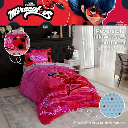 Miraculous: Tales of Ladybug and Cat Noir Kids Bedding Super Soft Comforter and Sheet Set, 5 Piece Full Size, (Officially Licensed Product)