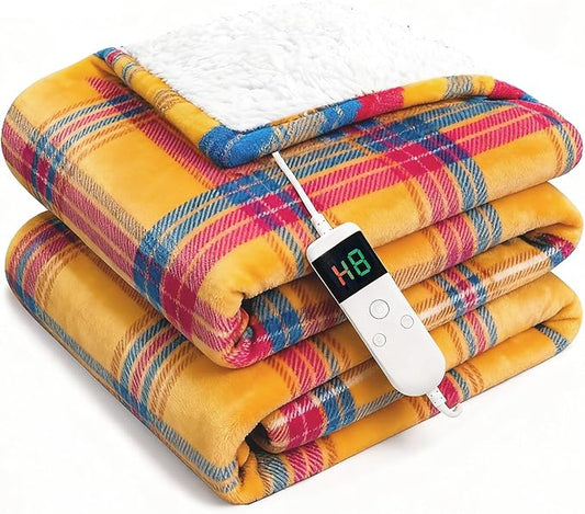 Electric Blanket Heated Twin, Soft Flannel 62"x84" Plaid Heating Blanket with 8 Hours Auto Off 10 Fast Heating Levels Machine Washable Sherpa Heated Blanket with Overheating Protection